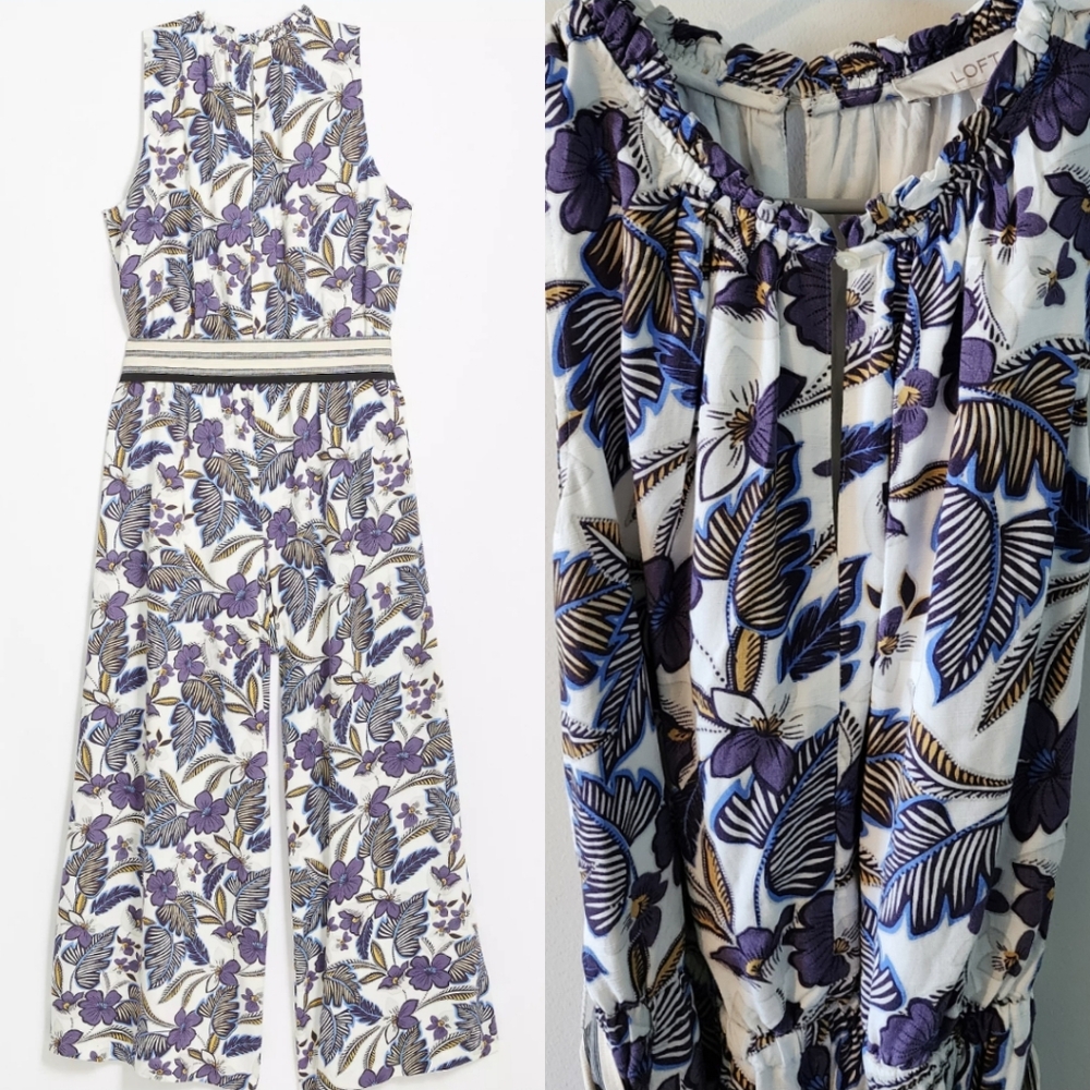 Floral Tie Waist Jumpsuit Wmns XS Blue Purple Cottage Core Preppy Coastal Loft